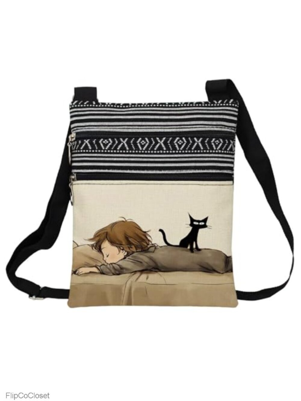 Funny Cat Ethnic Crossbody Bag Polyester Adjustable Strap Zipper Pouch